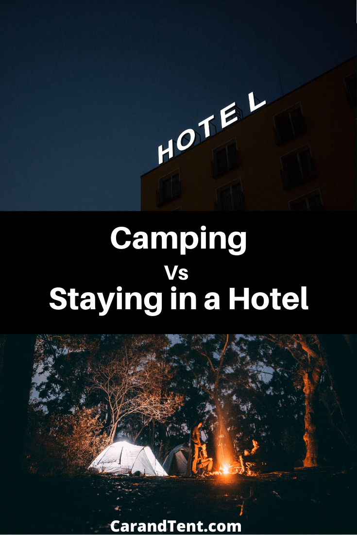 camping vs staying in a hotel pin graphic