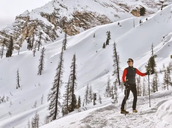 snow hiking with poles