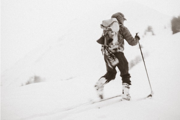 hiker in heavy snow