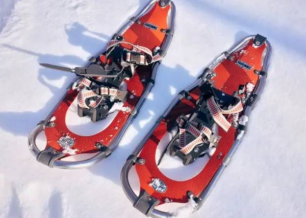 red snowshoes in snow