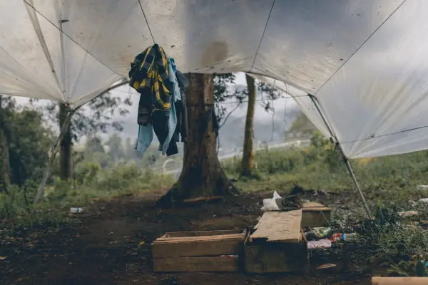 clothes hanging at a campsite