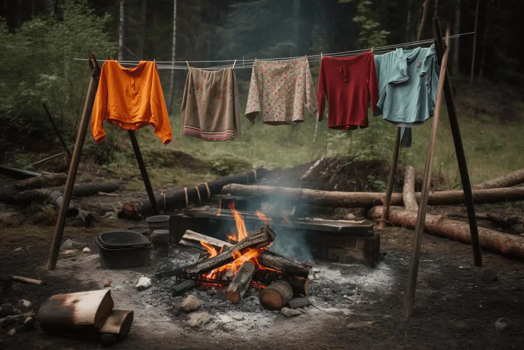 clothes over campfire
