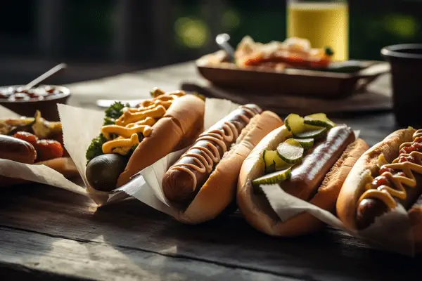 hot dogs on a picnic table