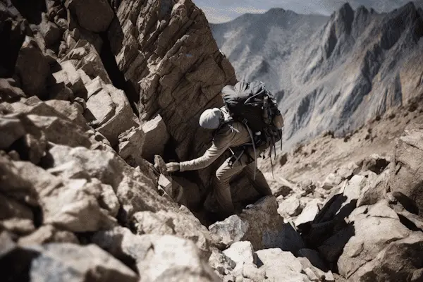 backpacker on a level 3 scramble