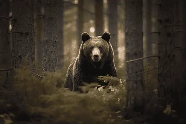 bear attentively looking at hiker