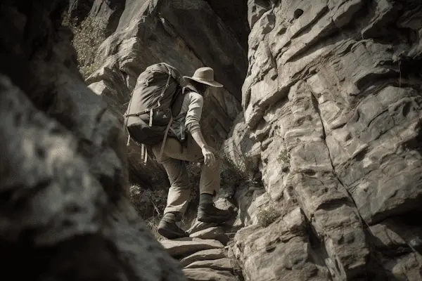 backpacker on a level 1 scramble