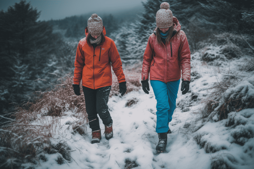 2 hikers walking in snow