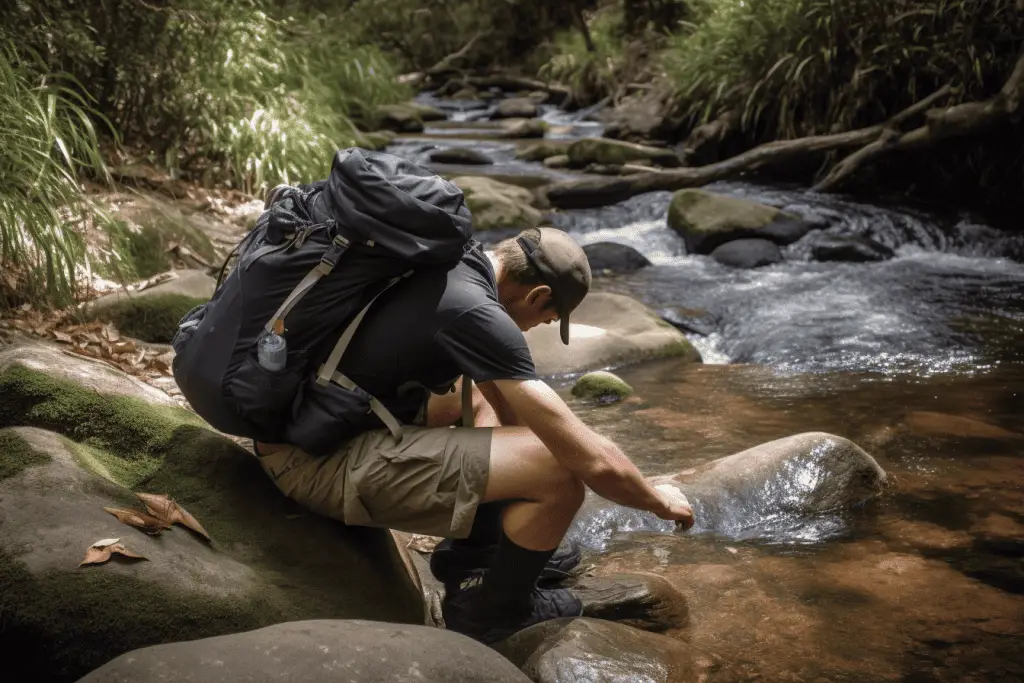 backpacker getting water