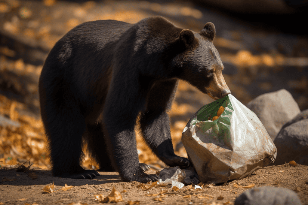 bear getting into trash at a campsite