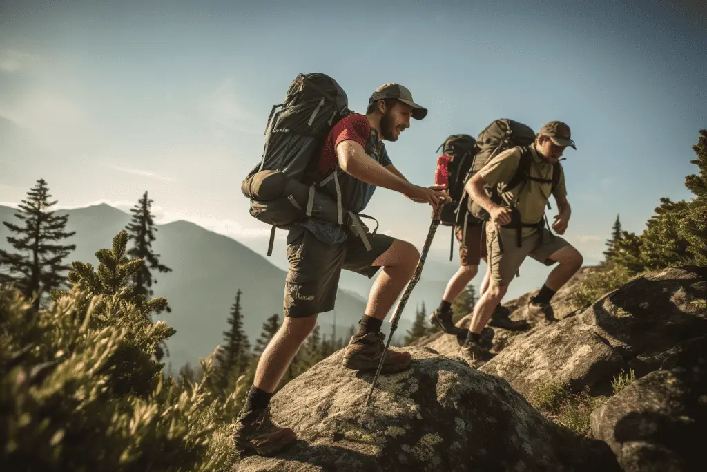 group of hikers balancing on rocks