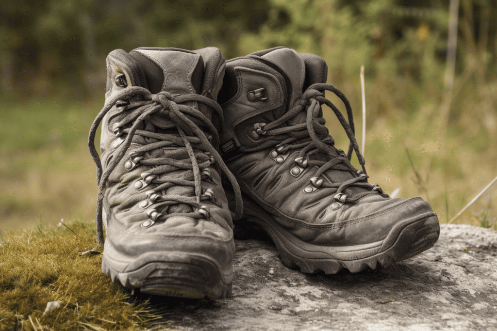 a pair of dirty hiking boots