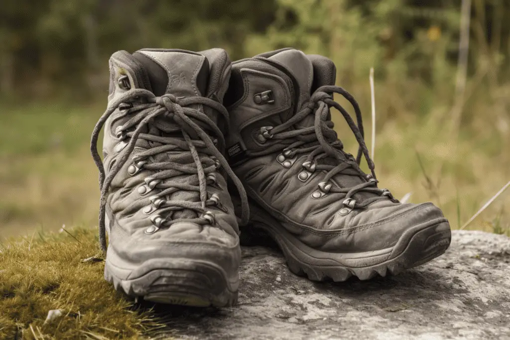 a pair of dirty hiking boots