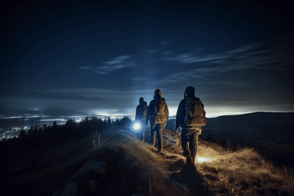 group of night hikers