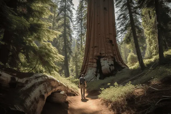 hiker near sequoia tree