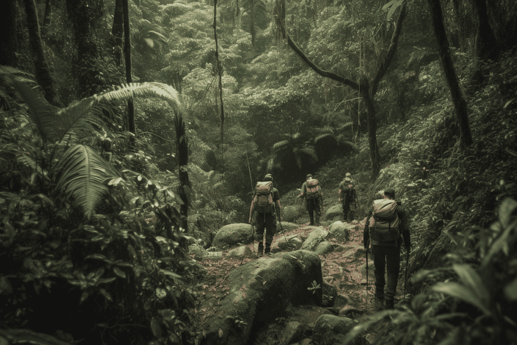 people hiking in the jungle