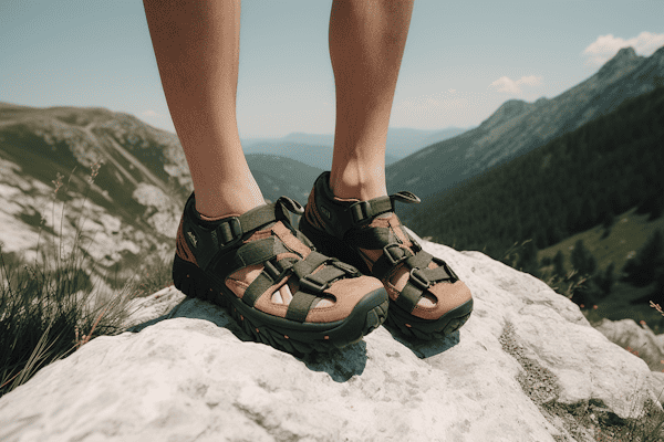 person hiking in the mountains in hiking sandals