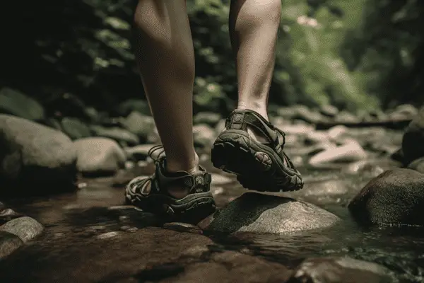 person walking through water in hiking sandals