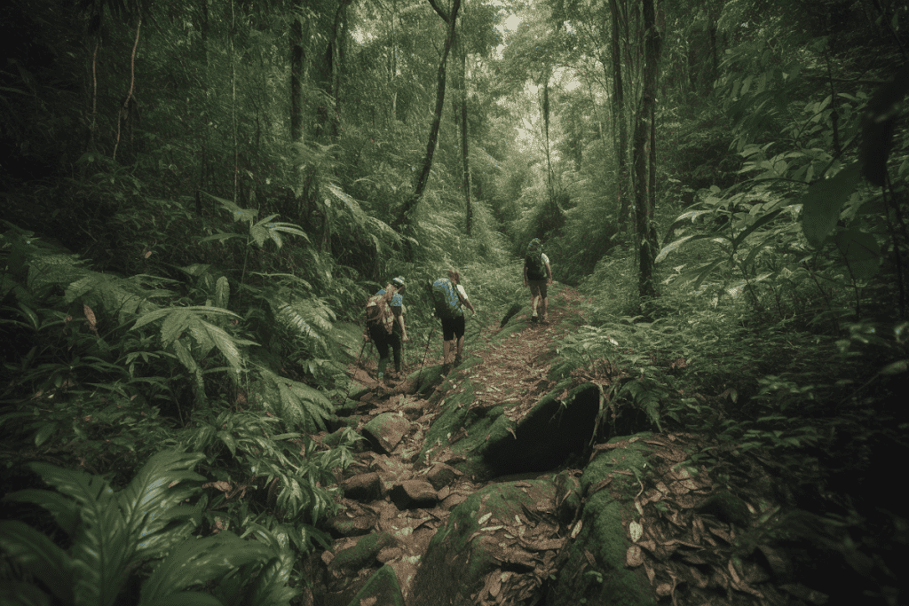 people learning how to hike in the jungle