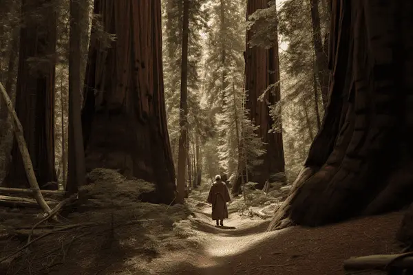 julius caesar walking through a forest of sequoias