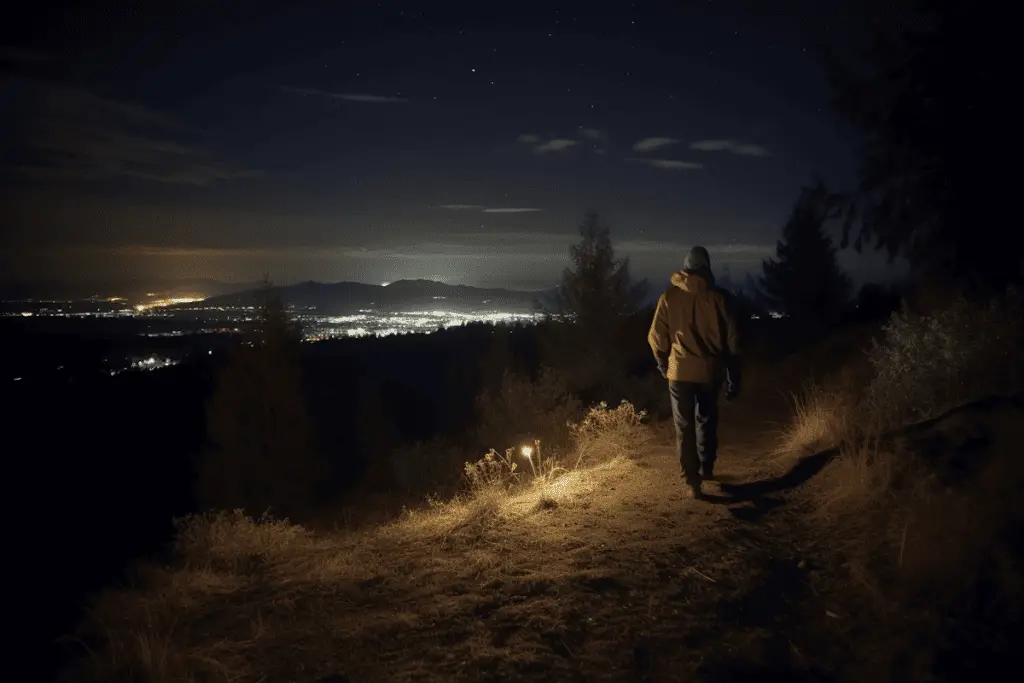 hiker overlooking city at night