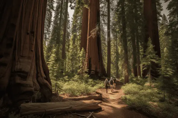 people hiking near sequoias