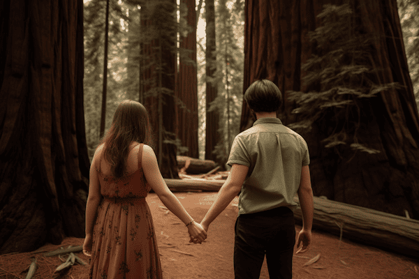 people holding hands in a giant sequoia forest