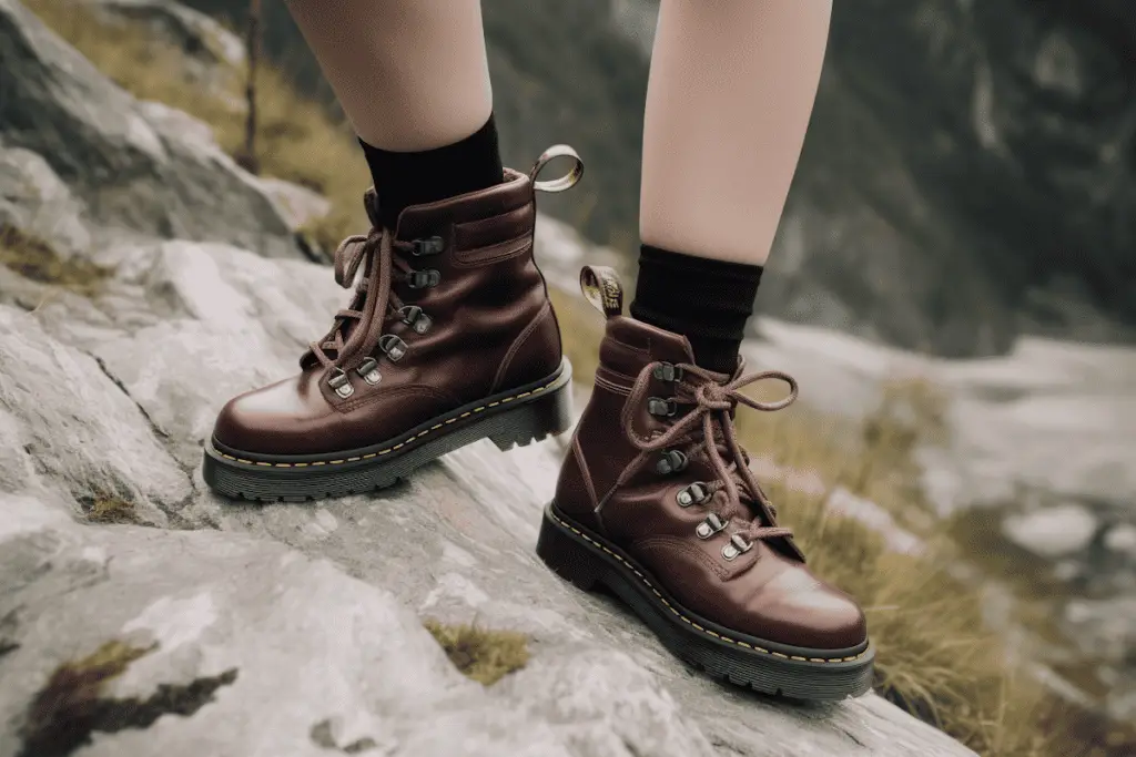 person hiking over rocky terrain in a pair of dr. martens