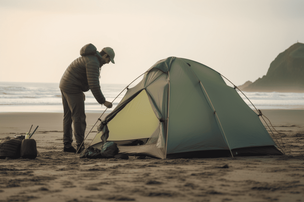 person staking a tent in sand