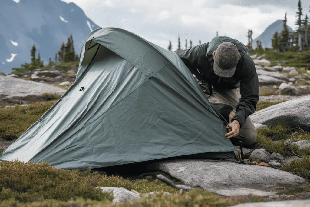 person pitching a tent