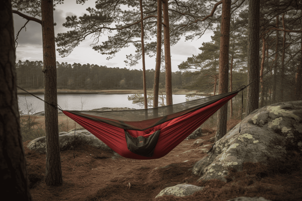 red camping hammock near a lake