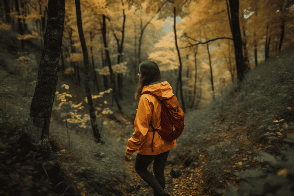 woman on a relaxing hike through the woods