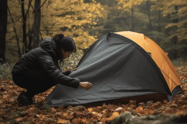 woman staking her tent