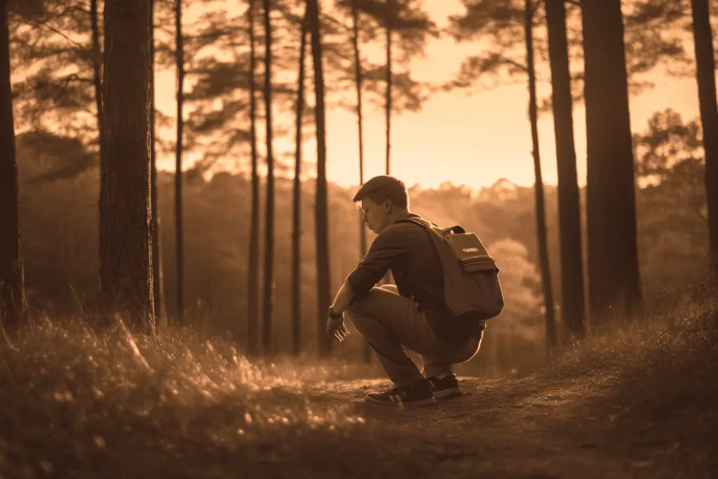 man looking for bathroom in woods