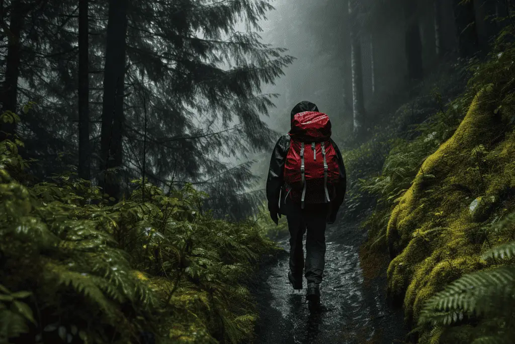 person hiking in the rain