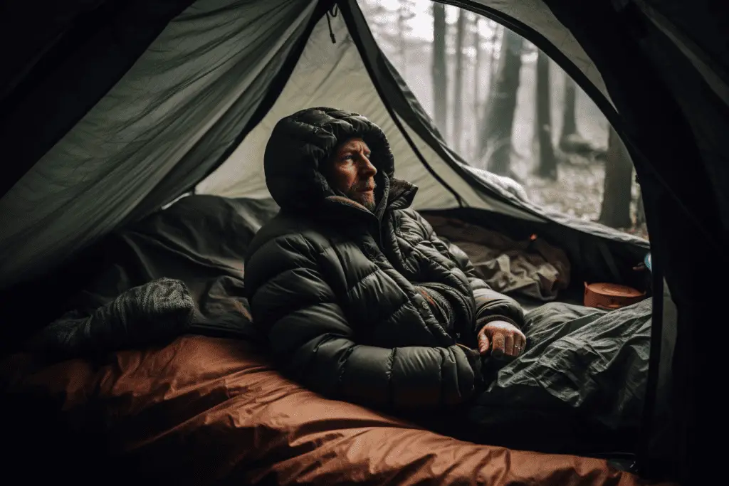 sleeping bag in a tent