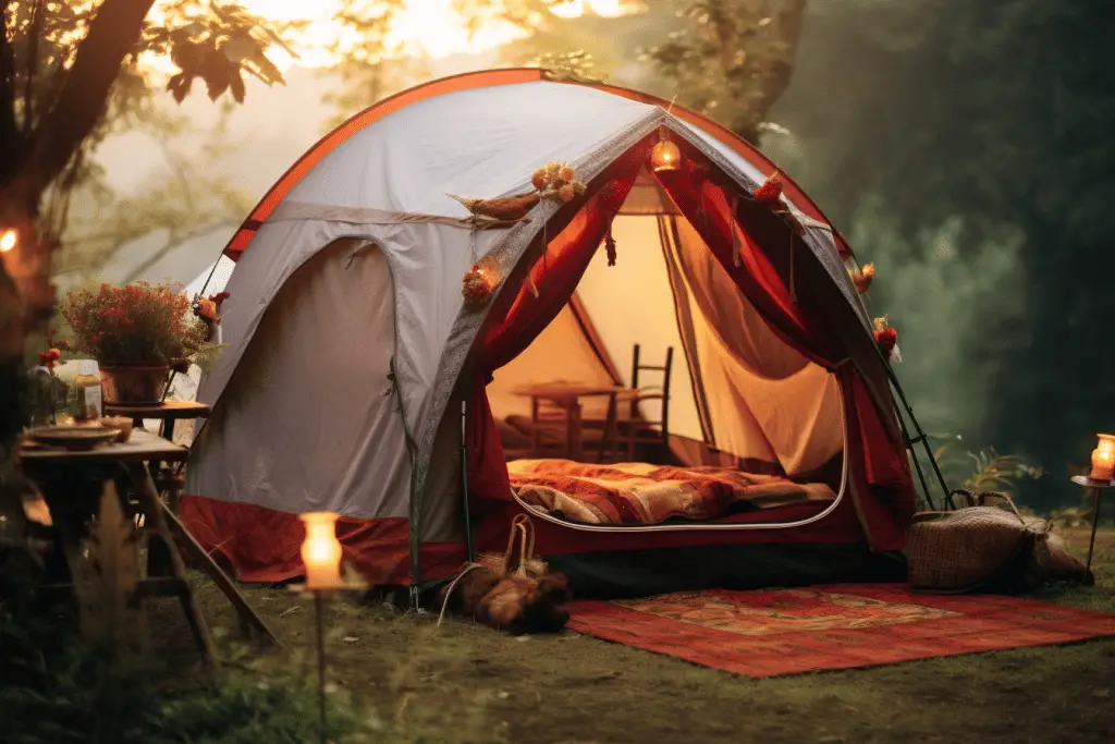 glamping tent with red carpet