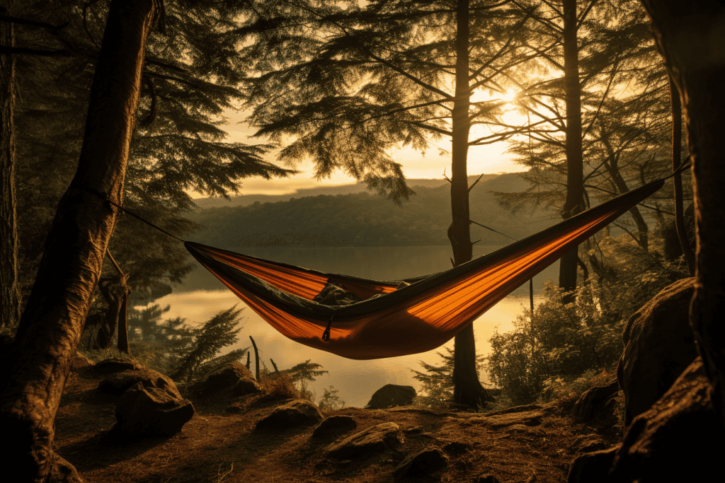 hammock camping setup near a river