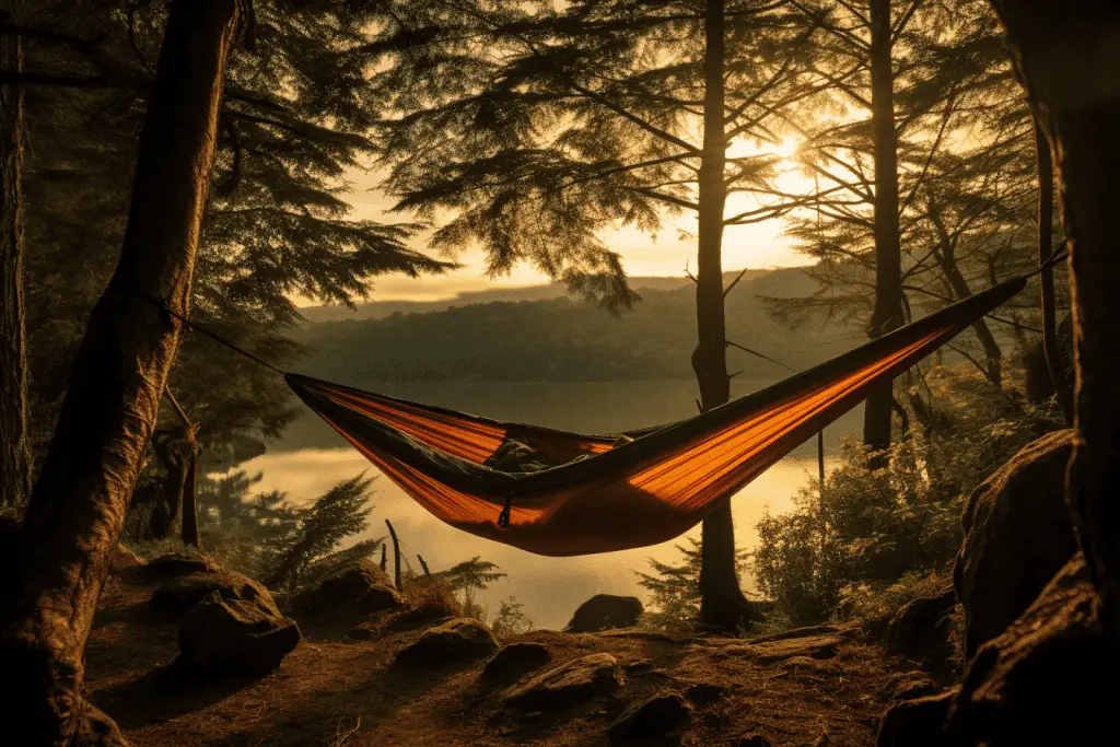 hammock camping setup near a river