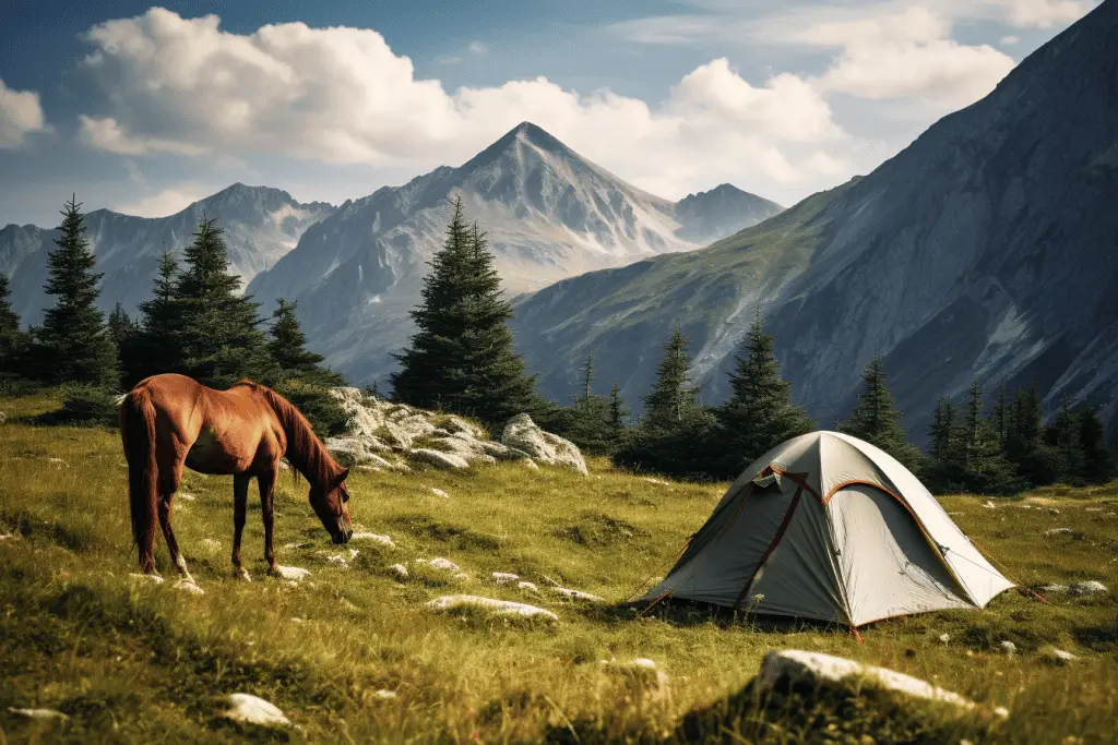 horse grazing near a tent