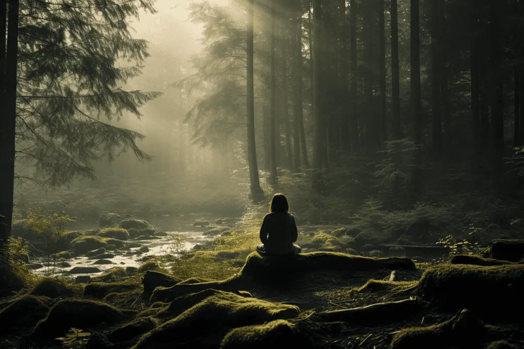 person forest bathing near a stream